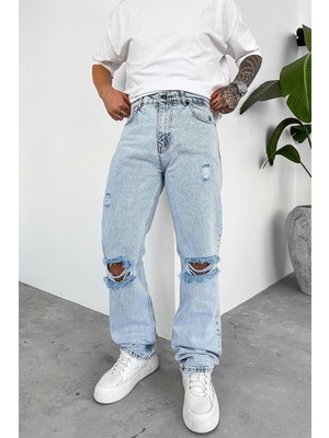 Buz Mavi Dizi Yırtık Baggy Pantolon