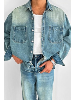 Soft Mavi Çift Cep Detay Oversize Kot Ceket