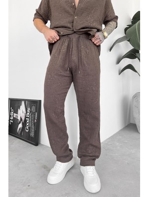 Kahverengi Müslin Flower Kabartma Detay Baggy Pantolon