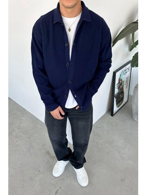 Lacivert Düğmeli Relaxed Triko Hırka