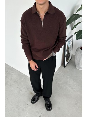 Kahverengi Yarım Fermuarlı Relaxed Triko Kazak