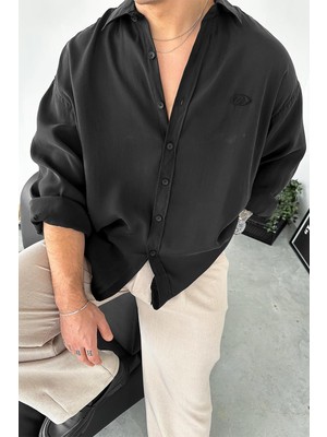 Siyah Tensel Nakış Detay Oversize Gömlek