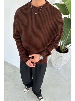 Kahverengi Bisiklet Yaka Fitilli Oversize Triko Kazak