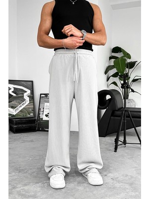 Gri Likralı Fitilli Baggy Pantolon