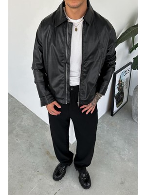 Siyah Fermuarlı Relaxed Deri Ceket