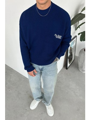 Lacivert Los Angeles Nakış Oversize Triko Kazak