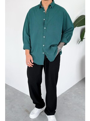 Koyu Yeşil Oversize Fresh Keten Gömlek