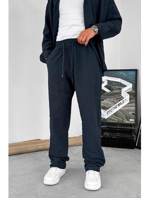 Lacivert Waffle Dokulu Premium Baggy Pantolon