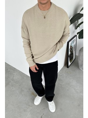 Krem Basic Bisiklet Yaka Triko Kazak