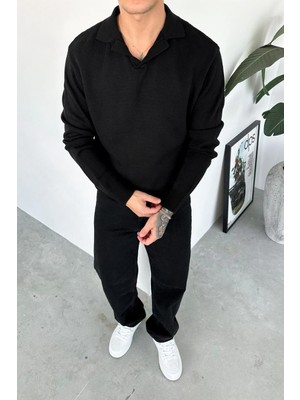 Siyah Yarım Pat Relaxed Triko Polo Yaka