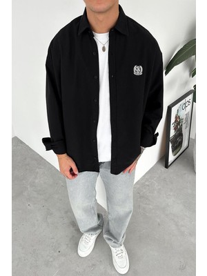 Siyah Premium Nakış Işlemeli Relaxed Gömlek