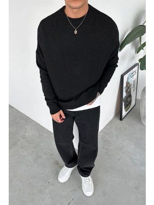 Siyah Basic Bisiklet Yaka Triko Kazak