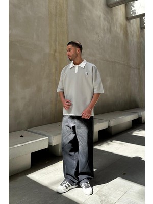 Gri Palmiye Polo Yaka Outplenty Premium Oversize Tişört