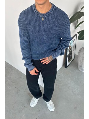 Lacivert Acid Wash Fitilli Oversize Triko Kazak