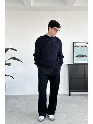 Lacivert Bisiklet Yaka Fitilli Oversize Triko Kazak