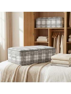 Nacarev 2 Adet Büyük Boy Kare Desenli Ekose Gri Baza Altı Yastık Yorgan Kıyafet Düzenleyici Hurç Seti 60X40X20 cm