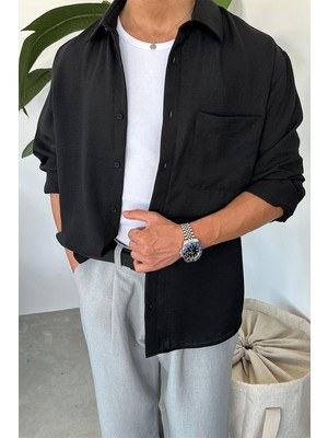 Siyah Basic Ön Cep Detay Oversize Gömlek