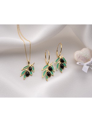 Papatya Silver 925 Ayar Onix Taşlı Zeytin Küpe Kolye Set.rose.gold.rodaj