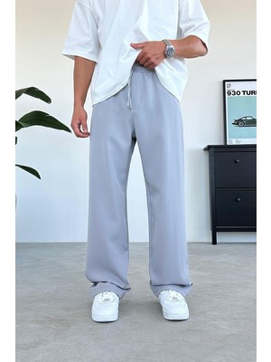 Gri Beli Lastikli Baggy Kumaş Pantolon