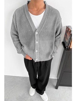 Gri Örgü Detay Triko Hırka