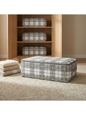 Nacarev 4 Adet Büyük Boy Kare Desenli Ekose Gri Baza Altı Yastık Yorgan Kıyafet Düzenleyici Hurç Seti 60X40X20 cm