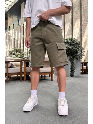 Haki Kargo Cepli Beyaz Ters Dikişli Dl Baggy Kot Şort