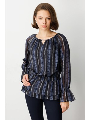Ekol Beli Büzgülü Desenli Şifon Bluz