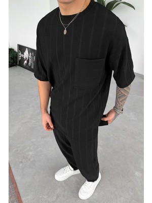 Siyah Şerit Detay Dokumalı Oversize Tişört