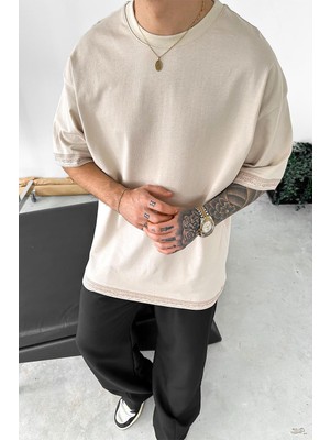 Bej Etnik Desenli Oversize Tişört