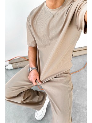 Kahverengi Ince Fitilli Oversize Tişört
