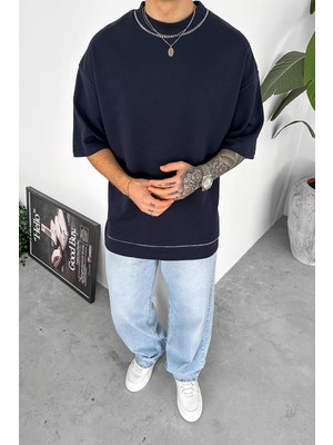 Lacivert Dikiş Detaylı Oversize Tişört