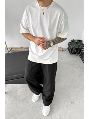 Beyaz Etnik Desenli Oversize Tişört