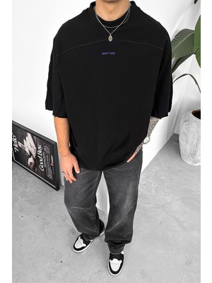 Siyah Eighty Nine Dikiş Detay Oversize Tişört