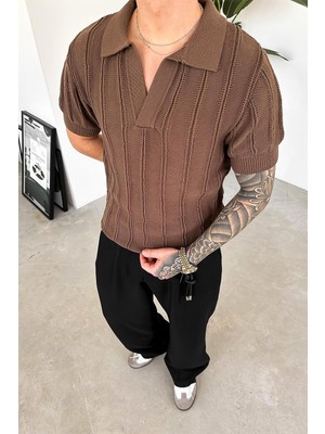 Kahverengi Striped Knitwear Relaxed Triko Polo Yaka Tişört