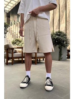 Krem Desenli Dokulu 12 Keten Go Relaxed Fit Şort