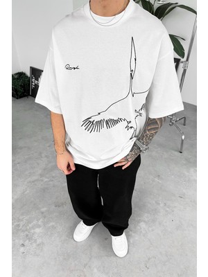 Beyaz Kuş Nakışlı Oversize Tişört