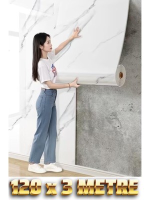 Renkli Duvarlar 120CM x 3 Metre Rulo Premium Beyaz Mermer Desenli Yapışkanlı Duvar Paneli Kağıdı Ev Ofis Basıc