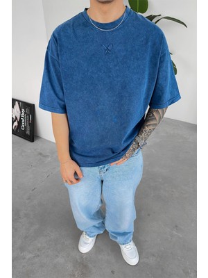 Lacivert Acid Wash Nakışlı Oversize Tişört