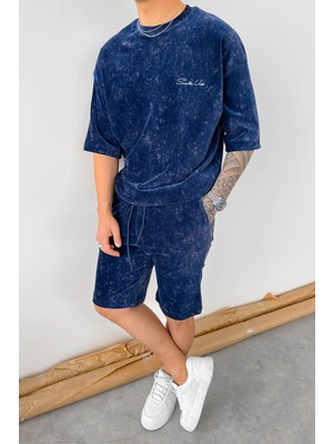 Indigo Ince Fitilli Batik Nakış Detay Oversize Tişört