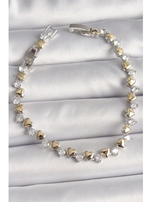Ayder Timya Pirinç Gümüş Renk Zirkon Taşlı Gold Kalpli VIP Seri Kadın Bileklik - TJ-BB6714 TG/Tmya1395 219591
