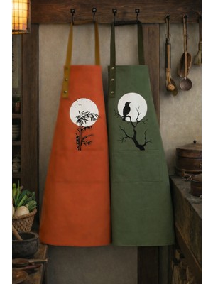 Hulganz Mutfak Önlüğü Seti 2'li Turuncu - Haki Leke Tutmaz Su Itici Kumaş Solmaz Baskı Güneş Doğa Kuş Desenli Çift Önlük Şef Bulaşık Aşçı Çeyiz Hediye