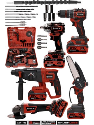 21V Akülü 5'li Set Kırıcı Delici Hilti Taşlama Somun Sıkma Budama Testeresi Matkap Kırmızı