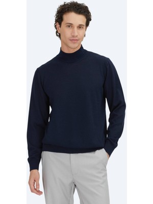 Kip Lacivert Yarım Balıkçı Yaka Düz Örgü Yün Karışımlı Triko Kazak