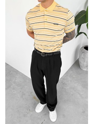 Krem Retro Çizgili Regular Polo Yaka Tişört