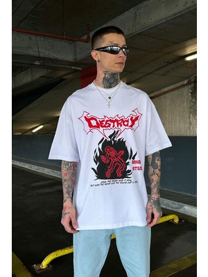 Beyaz Destroy Oversize Tişört