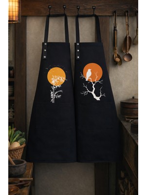 Hulganz Mutfak Önlüğü Seti 2'li Siyah Leke Tutmaz Su Itici Kumaş Solmaz Baskı Güneş Doğa Kuş Desenli Çift Önlük Şef Bulaşık Aşçı Çeyiz Hediye