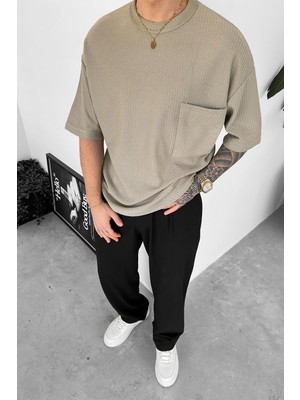 Gri Örme Cep Detay Oversize Tişört