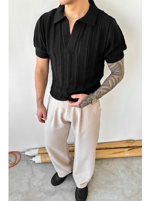Siyah Striped Knitwear Relaxed Triko Polo Yaka Tişört