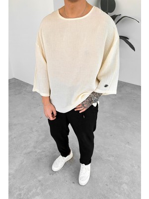 Krem Fakir Kol Müslin Kumaş Tişört