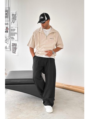 Krem Fermuarlı ee Oversize Polo Yaka Tişört